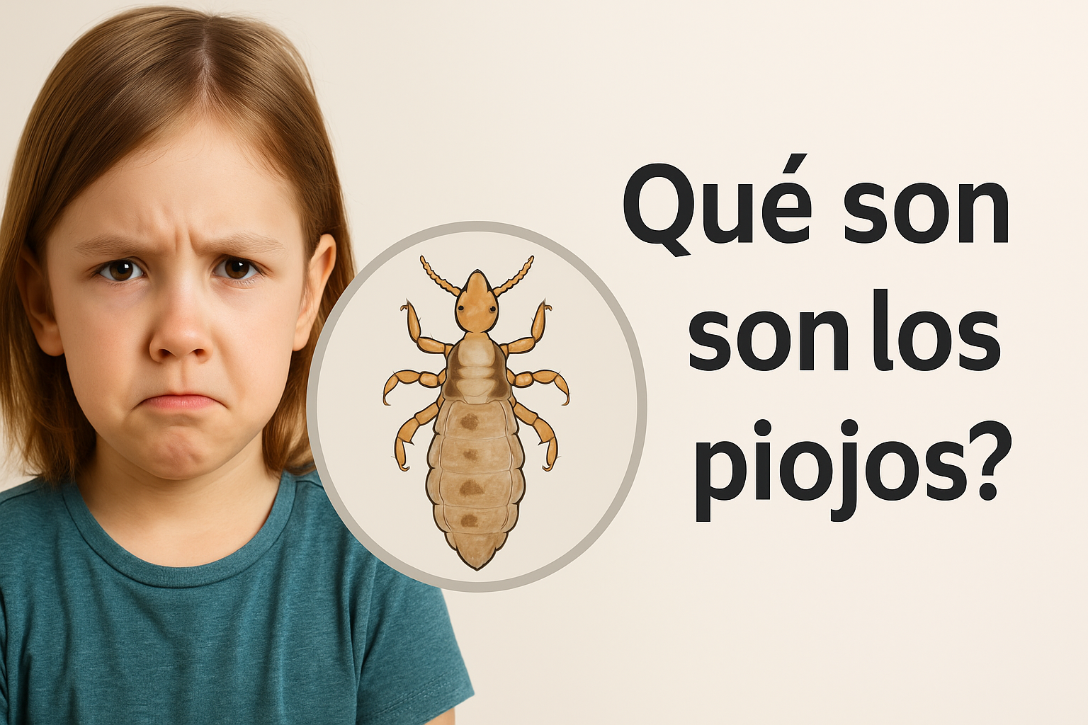 Niña molesta junto a ilustración ampliada de un piojo, con el texto ¿Qué son los piojos?