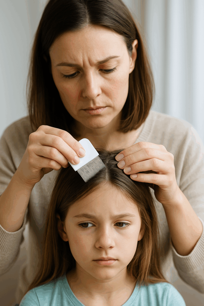 Madre revisando el cabello de su hija en busca de piojos
