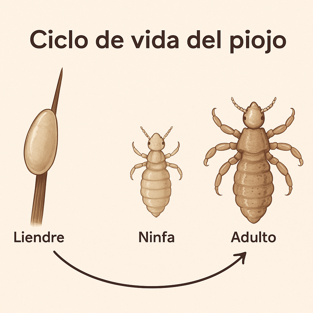Diagrama educativo del ciclo de vida del piojo desde la liendre hasta el adulto