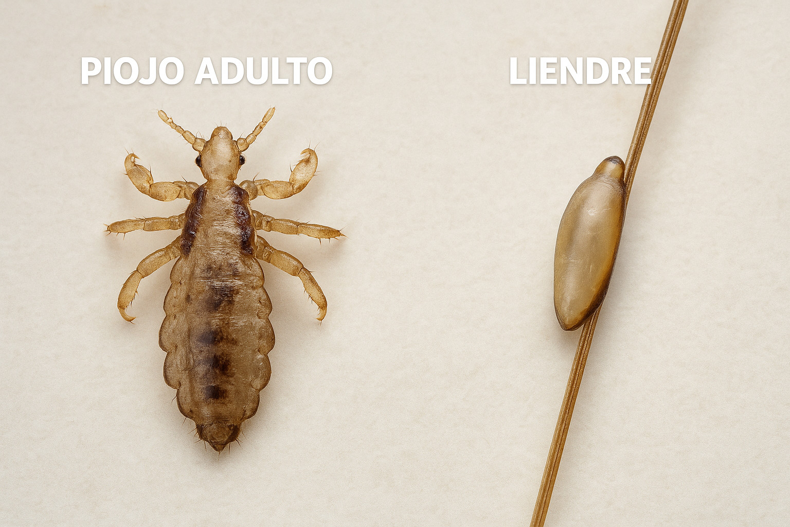 Comparación visual entre un piojo adulto y una liendre