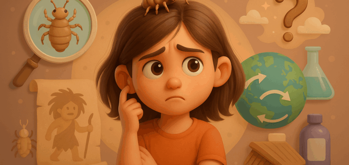 Niña preocupada con un piojo sobre la cabeza, rodeada de elementos simbólicos como un globo terráqueo, lupa, peine y papiro prehistórico.