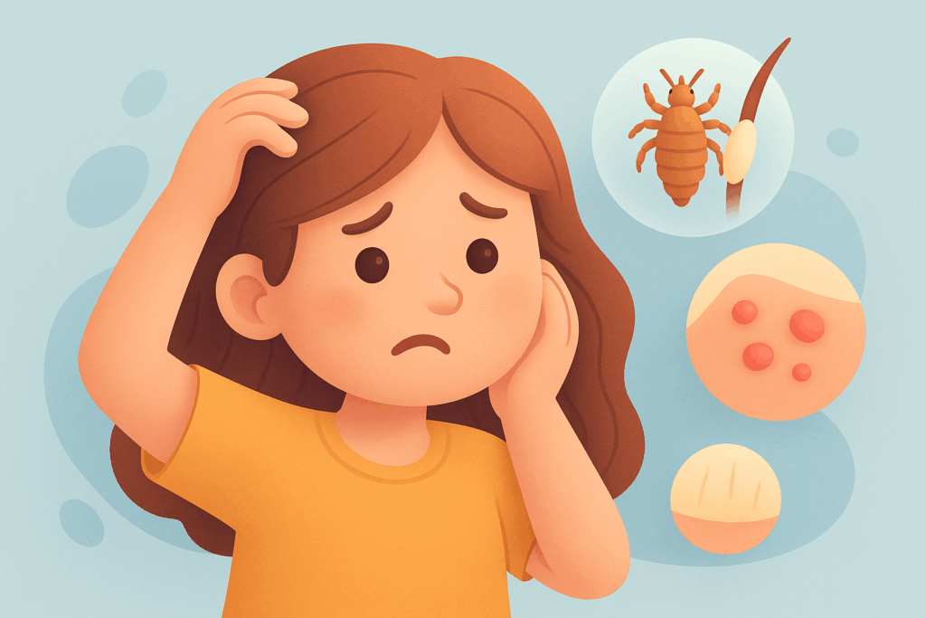 Niña con expresión incómoda rascándose la cabeza, junto a ilustraciones ampliadas de un piojo, una liendre y signos de irritación en la piel.