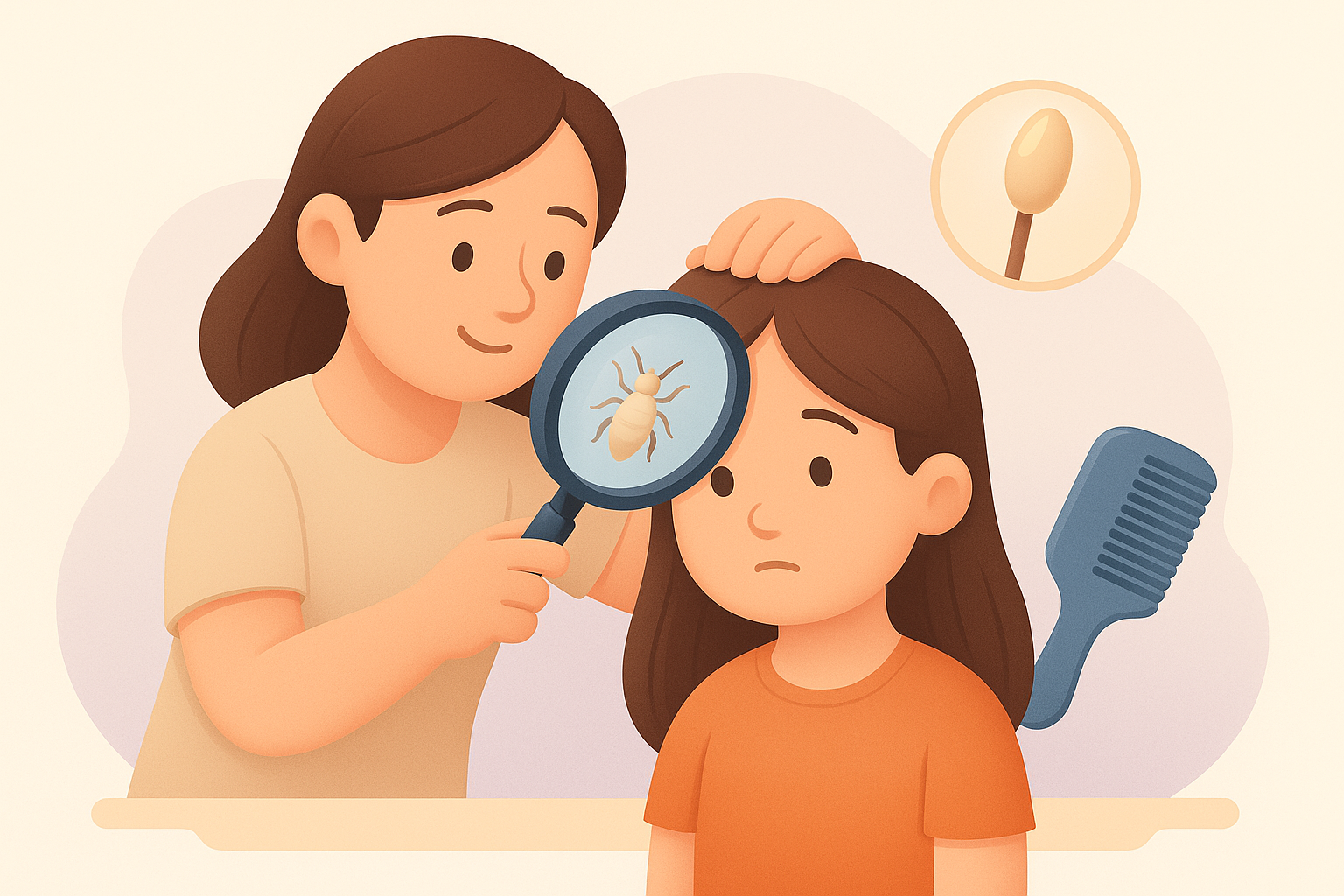 Madre inspeccionando el cabello de su hija con una lupa, junto a un peine fino y un huevo de piojo ampliado.
