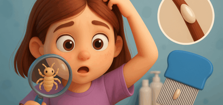 Niña con lupa detectando un piojo en su cabello, con expresión de sorpresa, acompañada de una liendre ampliada y un peine fino.