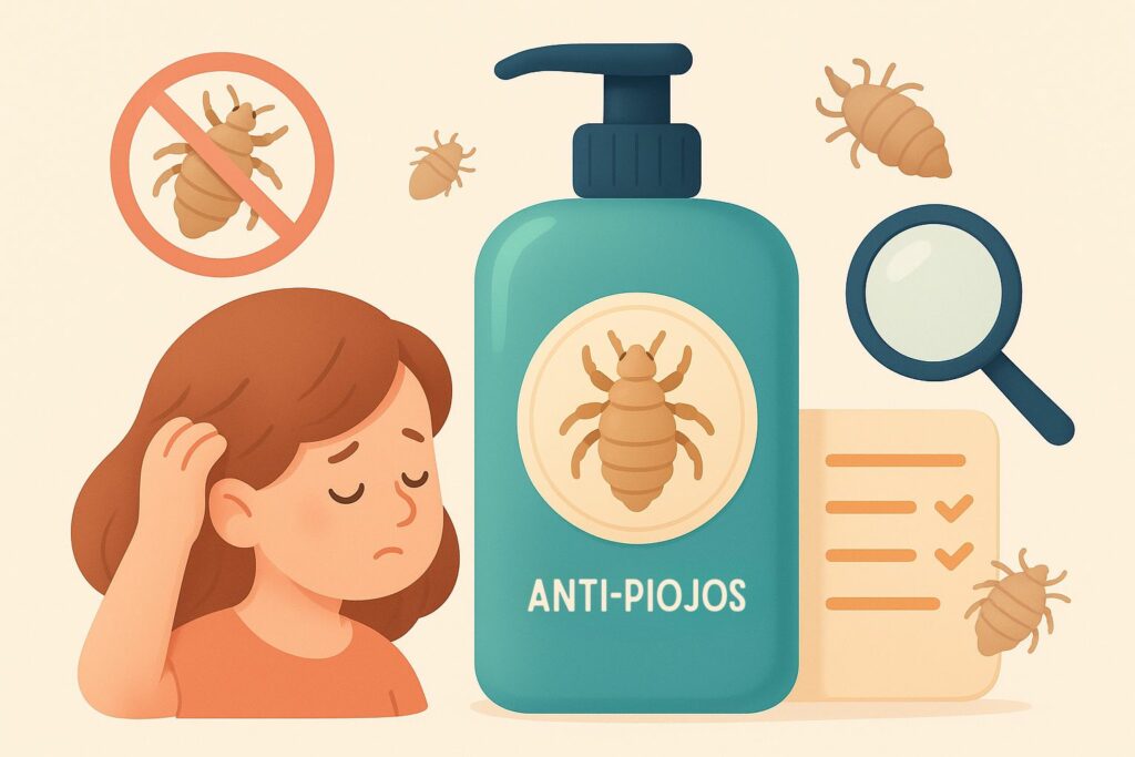 Ilustración de champús antipiojos sobre una superficie limpia, acompañados de una figura simbólica de protección y elementos capilares.