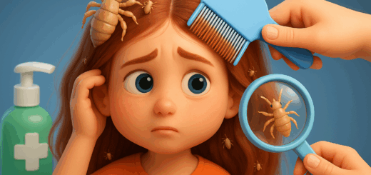 Niña y madre aplicando tratamiento antipiojos en casa, rodeadas de elementos como peine fino, champú, escudo de protección y calendario.